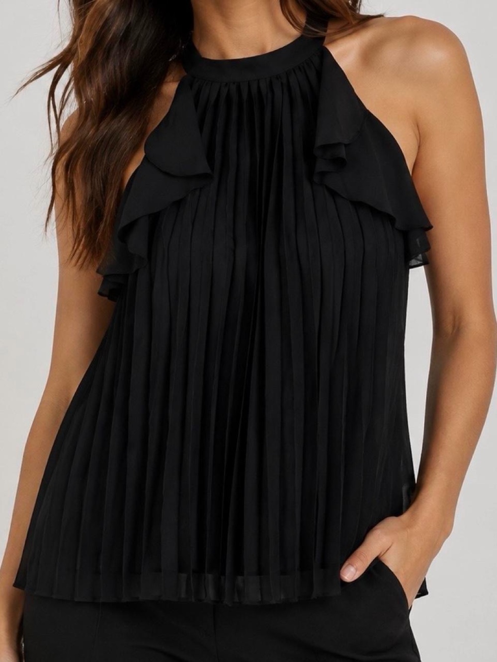 Tahari Black Pleated Halter Ruffle Camisole Top